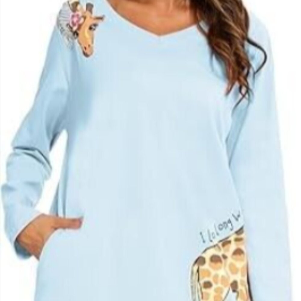 ENJOYNIGHT Women's Nightgown Dress Sleepwear Long sleeve V-Neck GIRAFFE WEEKEND